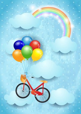 Gerçeküstü gökyüzü bulutlar ve gökkuşağı ve asılı Bisiklet balonları ile. Vektör çizim