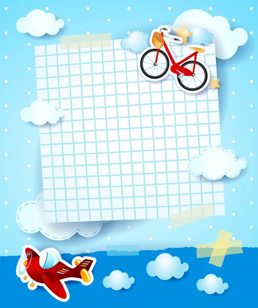 Birthday Baby Invitation Airplane Bike Clouds Vector Illustration — Stock Vector