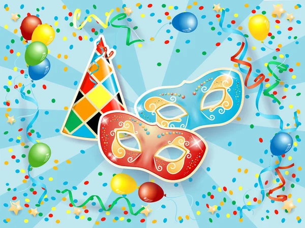 Party Hintergrund Mit Karnevalsmasken Und Hut Mit Luftballons Und Luftschlangen — Stockvektor