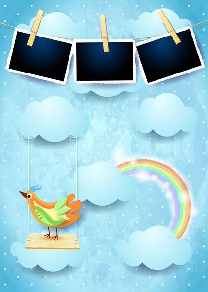 Surreal Sky Bird Swing Photo Frames Vector Illustration — Stock Vector