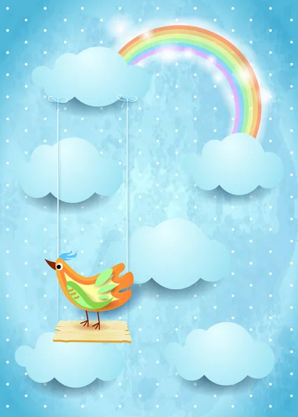 Surreal Sky Colorful Bird Swing Clouds Vector Illustration — Stock Vector