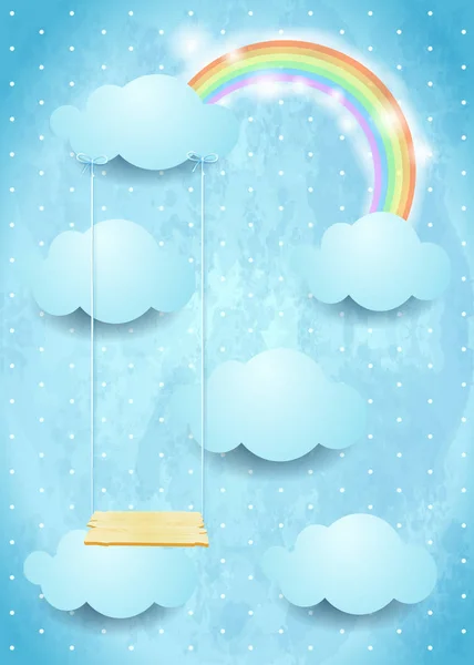 Surrealer Himmel Mit Wolken Und Regenbogen Mit Schaukel Vektorillustration — Stockvektor