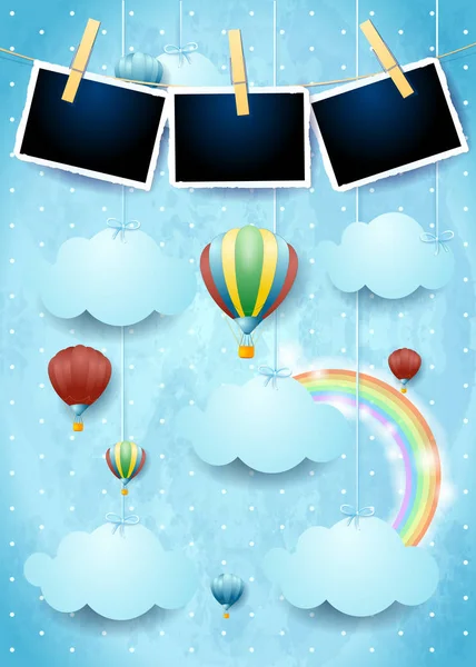 Surrealer Himmel Mit Heißluftballons Und Fotorahmen Vektorillustration — Stockvektor