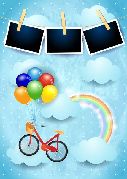 梦幻般的天空与五颜六色的气球和自行车与相框 向量例证 — 图库矢量图片