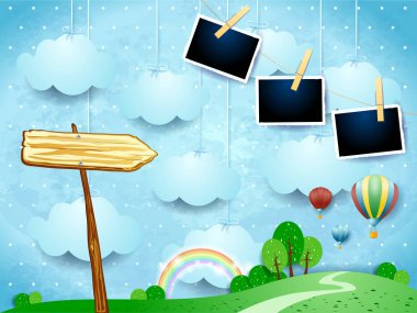 Gerçeküstü Manzara balonları, ok işareti ve fotoğraf çerçeveleri. Vektör çizim 