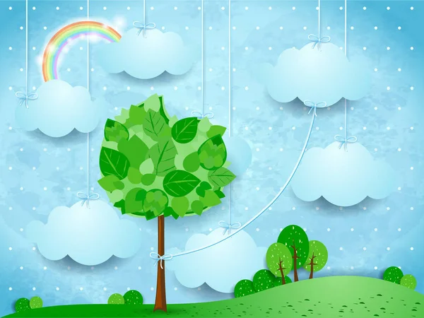 Surreal Landscape Hanging Clouds Big Tree Vector Illustration — Stock Vector