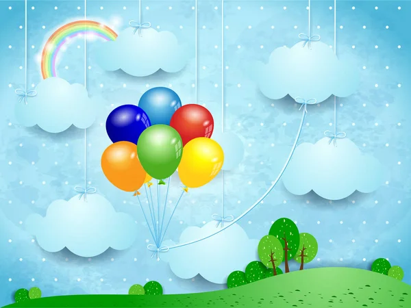 Surreal Landscape Hanging Clouds Balloons Vector Illustration — Stock Vector