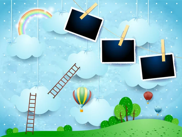 Surrealistisch Landschap Met Ladders Ballonnen Fotolijsten Vectorillustratie — Stockvector