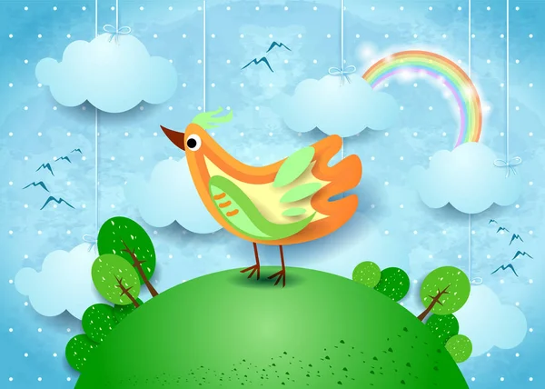 Surreal Landscape Hanging Clouds Colorful Bird Vector Illustration — Stock Vector