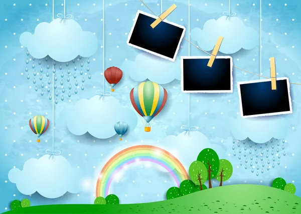 Surreale Landschaft Mit Luftballons Regen Und Fotorahmen Vektorillustration — Stockvektor