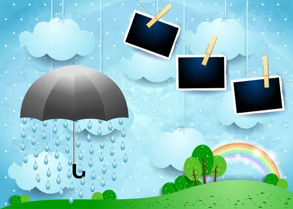 Σουρεαλιστικό Τοπίο Ομπρέλα Βροχή Και Φωτογραφία Πλαίσια Εικονογράφηση Διάνυσμα — Διανυσματικό Αρχείο