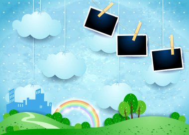 Asılı bulutlar ve küçük şehir ve fotoğraf çerçeveleri ile gerçeküstü manzara 