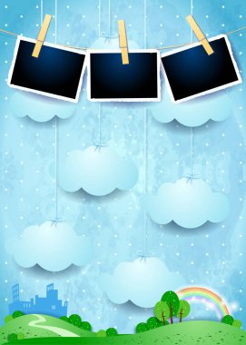 Asılı bulutlar ve küçük şehir ve fotoğraf çerçeveleri ile gerçeküstü manzara 