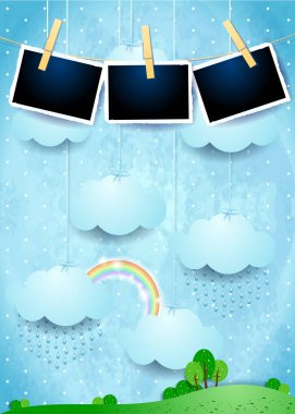 Bulutlar ve yağmur fotoğraf çerçeveleri ile asma gerçeküstü manzara 