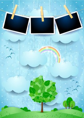 Büyük ağaç ve fotoğraf çerçeveleri ile gerçeküstü manzara 