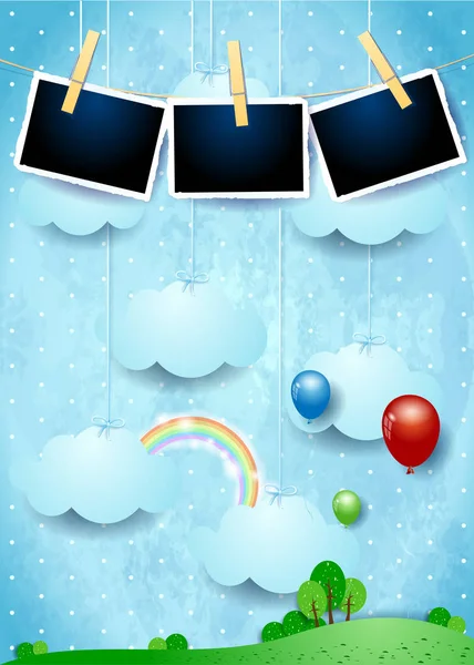 シュールな風景 ぶら下げ雲 フォト フレームが付いている気球 — ストックベクタ