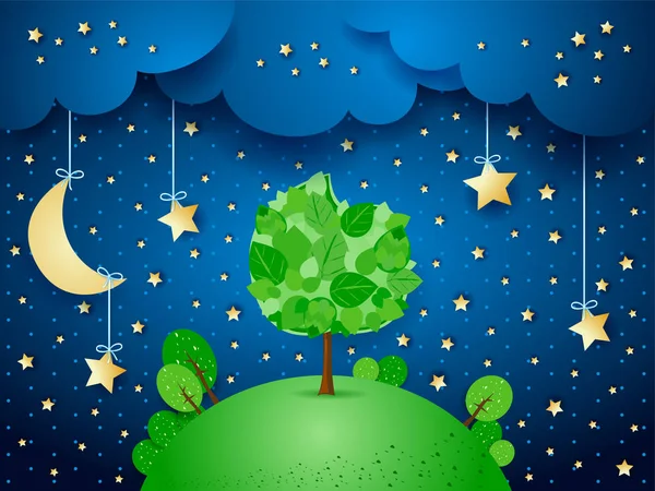 Surreal Night Hanging Stars Big Tree Vector Illustration Eps10 — Stock Vector