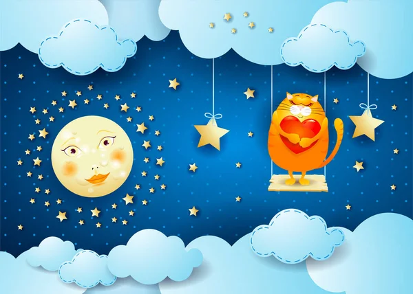 Surreale Nacht Mit Mond Schaukel Und Katze Vektorillustration Eps10 — Stockvektor