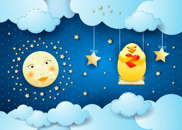 Surreal Night Moon Swing Chick Love Vector Illustration Eps10 — Stock Vector