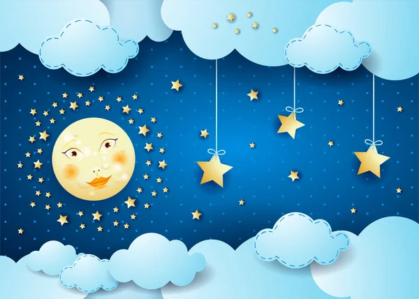 Surreal Night Full Moon Hanging Stars Vector Illustration Eps10 — Stock Vector