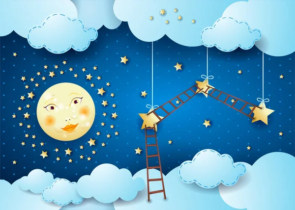Surreal night with full moon, hanging stars and ladders. Vector illustration eps10