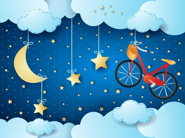 Surreal night with hanging stars and bike. Vector illustration eps10