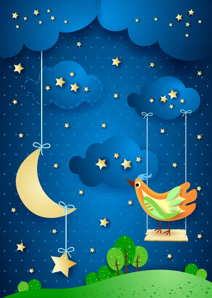 Surrealistiska Natten Med Månen Swing Och Fågel Vektor Illustration Eps10 — Stock vektor