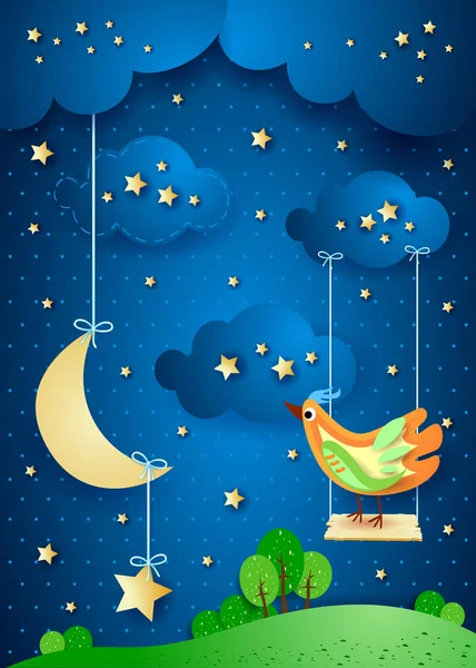 Surreal Night Moon Swing Bird Vector Illustration Eps10 — Stock Vector