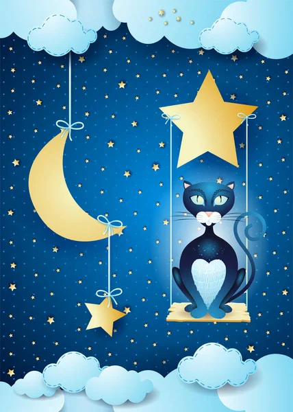 Gerçeküstü Gece Siyah Kedi Salıncak Vektör Çizim Eps10 — Stok Vektör