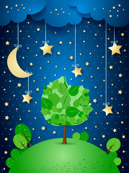 Surrealistisch Nacht Met Hangende Sterren Grote Boom Vector Illustratie Eps10 — Stockvector