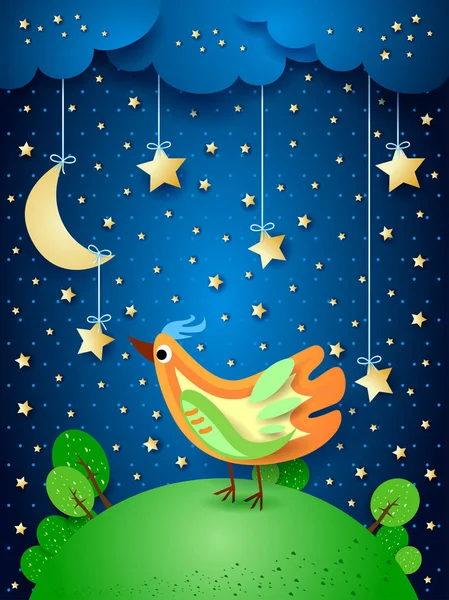 Surreale Nacht Mit Hängenden Sternen Und Bunten Vögeln Vektorabbildung Eps10 — Stockvektor