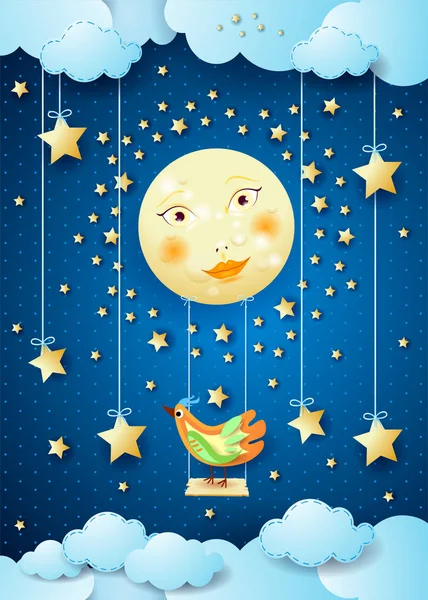 Surrealistisch Nacht Met Volle Maan Schommel Kleurrijke Vogel Vector Illustratie — Stockvector