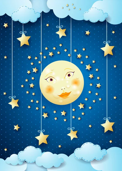 Сюрреалистичная Ночь Полной Луной Висящими Звездами Векторные Иллюстрации — стоковый вектор