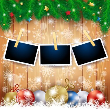 Köknar twigs, baubles ve fotoğraf çerçeveleri ile Noel arka plan. Vektör çizim eps10