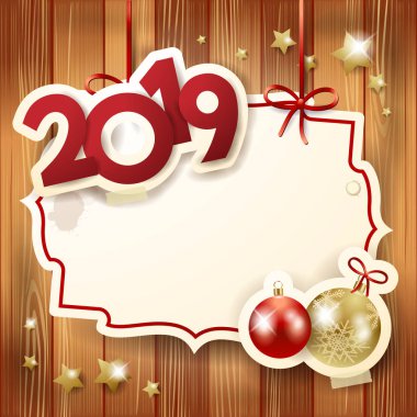 Yeni yıl arka plan baubles, etiket ve 2019 sembolü. Vektör çizim eps10