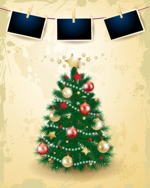 Baubles ve antika arka plan üzerinde fotoğraf çerçeveleri ile Noel ağacı. Vektör çizim 