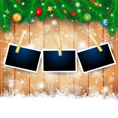 Christmas illüstrasyon çam çırpı ve ahşap arka plan üzerinde fotoğraf çerçeveleri ile. Vektör eps10 