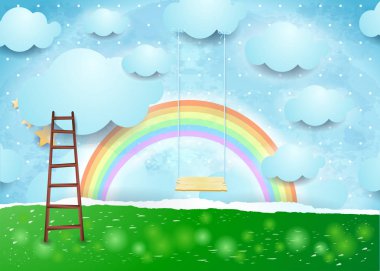 Gerçeküstü kağıt manzara merdiven ve salıncak. Vektör çizim eps10