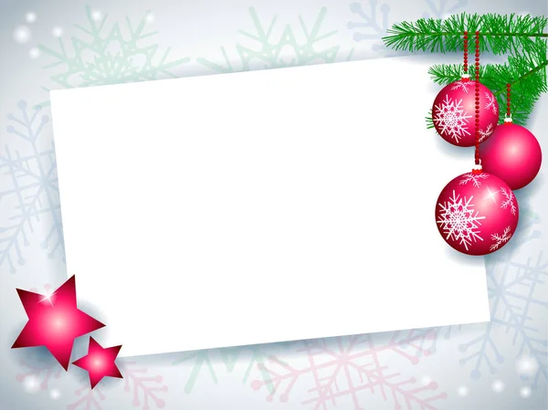 Carte Noël Avec Boules Étoiles Sur Fond Flocons Neige Illustration — Image vectorielle