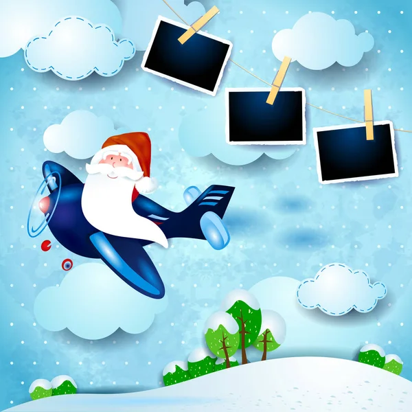 Санта Самолете Фото Пейзаж Зимнего Дня Векторная Иллюстрация — стоковый вектор