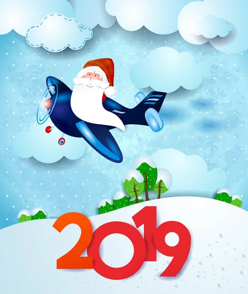 Santa Vliegtuig 2019 Symbool Besneeuwde Achtergrond Vectorillustratie — Stockvector