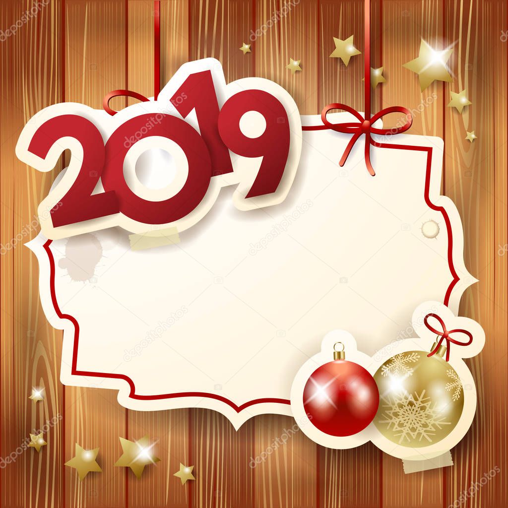 New Year background with baubles, label and 2019 symbol. Vector illustration eps10