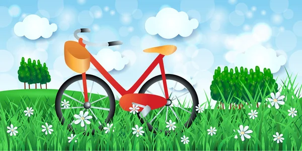 Paisaje Primaveral Con Bicicleta Madera Ilustración Vectorial — Archivo Imágenes Vectoriales