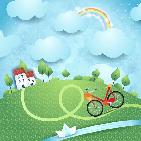 Fantasie Landschap Met Huizen Rivier Fiets Vectorillustratie — Stockvector