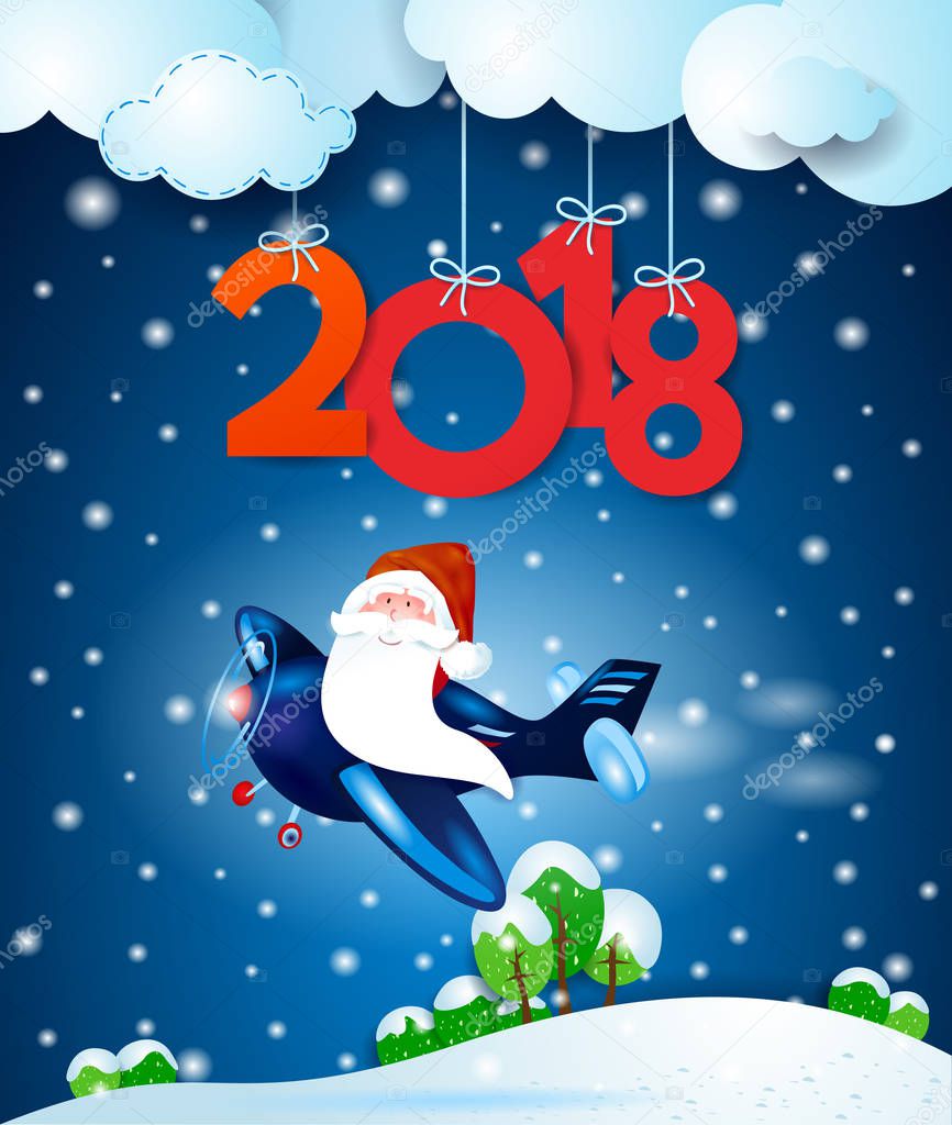 Santa Claus on the airplane by night and text. Vector illustration 