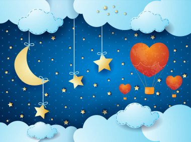 Sevgiliye arka plan gerçeküstü gece, ay ve sıcak hava balonları ile. Vektör çizim 