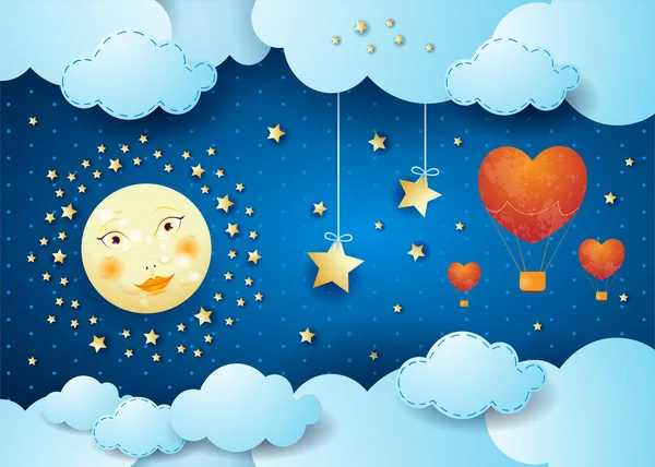 Illustration Saint Valentin Avec Nuit Surréaliste Pleine Lune Montgolfières Illustration — Image vectorielle