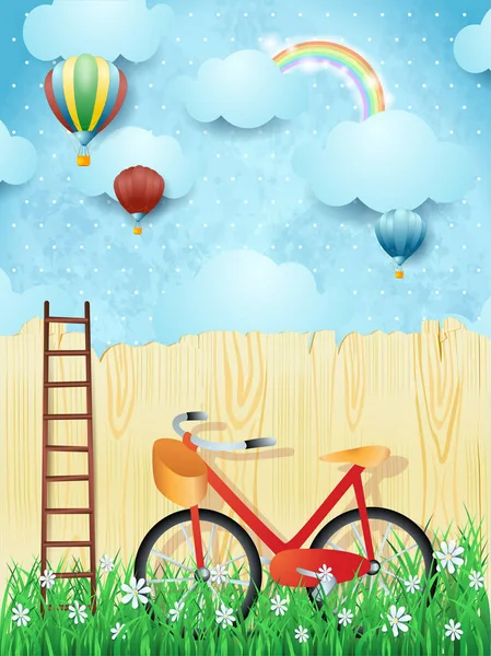 超现实的背景与气球 楼梯和自行车 向量例证 — 图库矢量图片