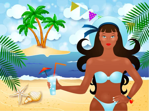 Fond Été Avec Jolie Fille Île Tropicale Illustration Vectorielle — Image vectorielle