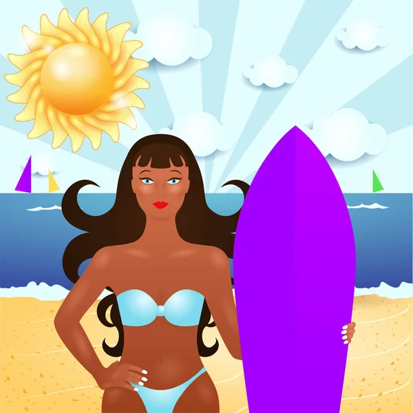 Summer Illustration Attractive Girl Surf Vector Illustration — Stock Vector